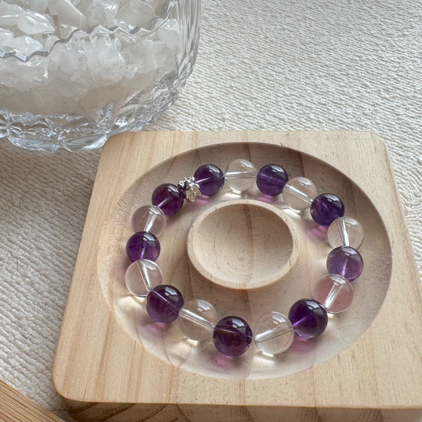 7A Uruguayan Amethyst & Clear Quartz Balance Bracelet — Tibetan Lotus Accent 5