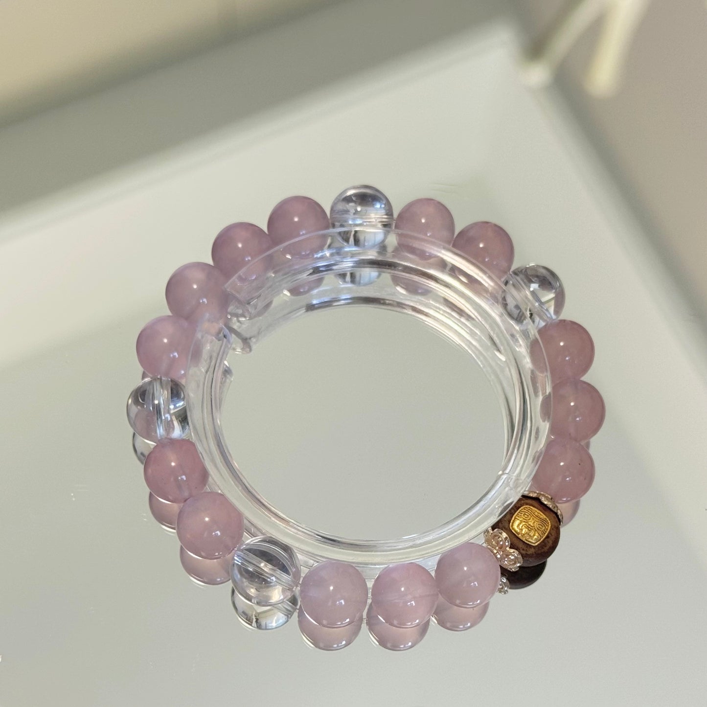 Rose Quartz & Clear Quartz Bracelet with Zambala Thangka - Inspired by Tibetan blessings