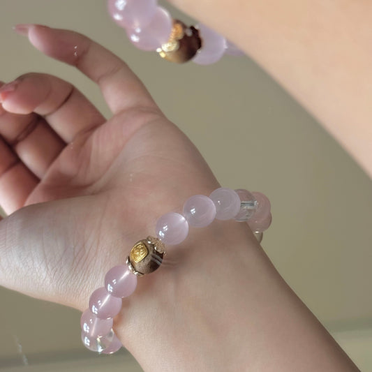 Rose Quartz & Clear Quartz Bracelet with Zambala Thangka - Inspired by Tibetan blessings