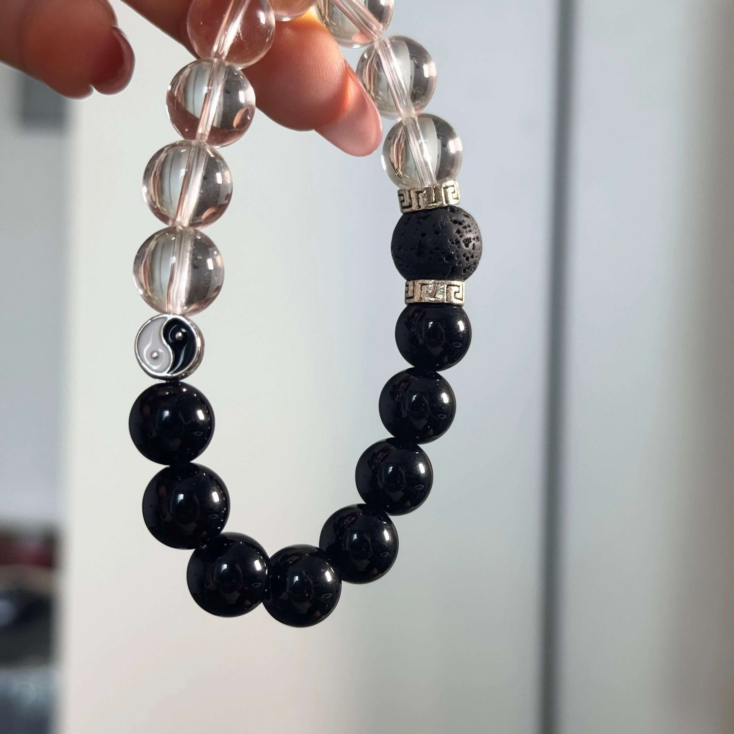 Taichi Harmony Bracelet – Scented Crystal Jewelry with White Quartz, Obsidian & Sandalwood Lava Beads-3