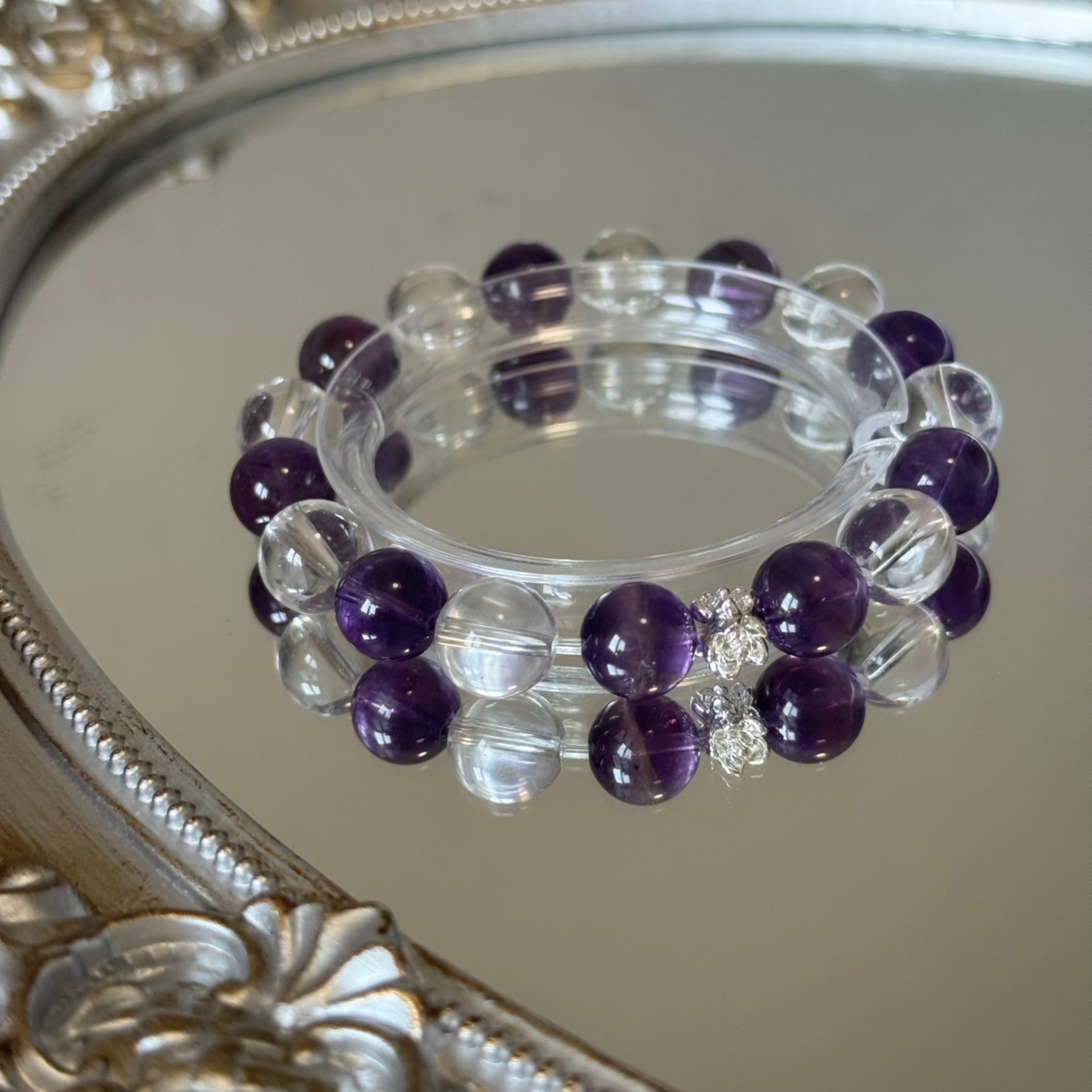 7A Uruguayan Amethyst & Clear Quartz Balance Bracelet — Tibetan Lotus Accent 4