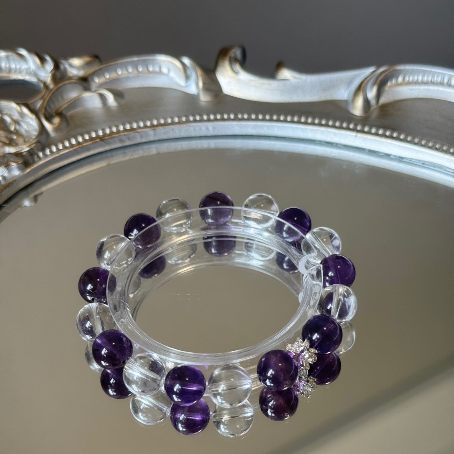 7A Uruguayan Amethyst & Clear Quartz Balance Bracelet — Tibetan Lotus Accent 3