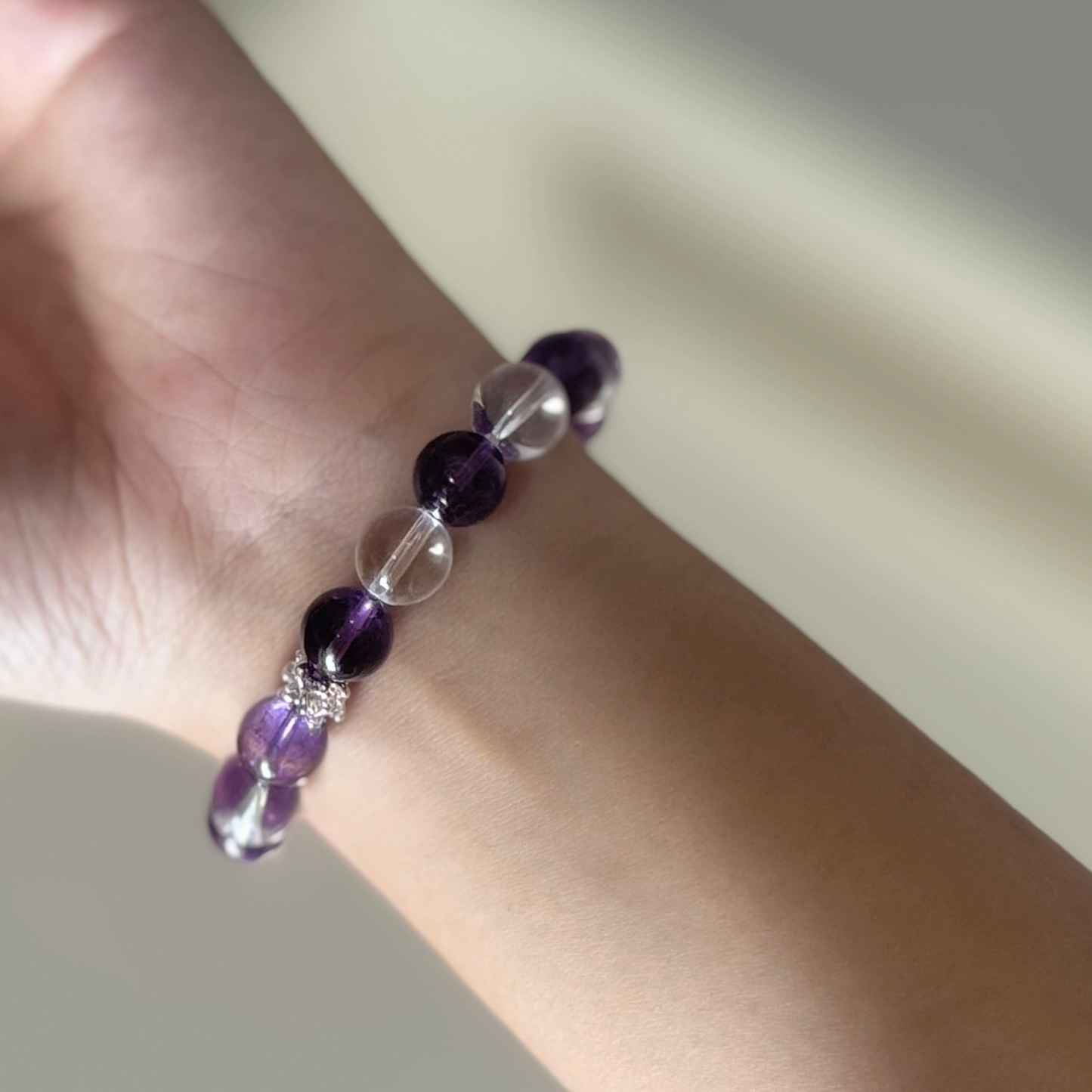 7A Uruguayan Amethyst & Clear Quartz Balance Bracelet — Tibetan Lotus Accent 2