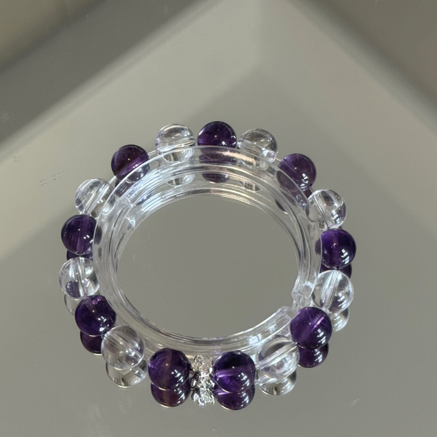 7A Uruguayan Amethyst & Clear Quartz Balance Bracelet — Tibetan Lotus Accent 1