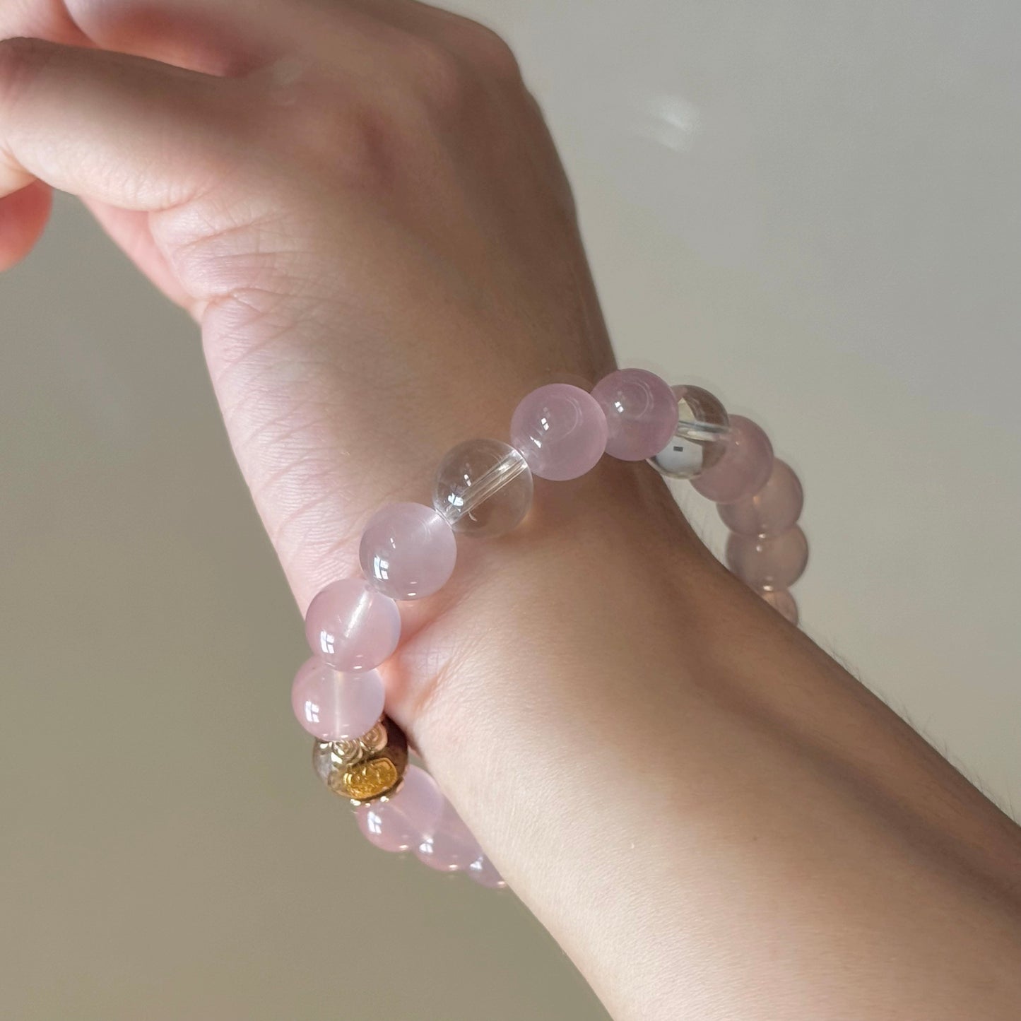 Rose Quartz & Clear Quartz Bracelet with Zambala Thangka - Inspired by Tibetan blessings