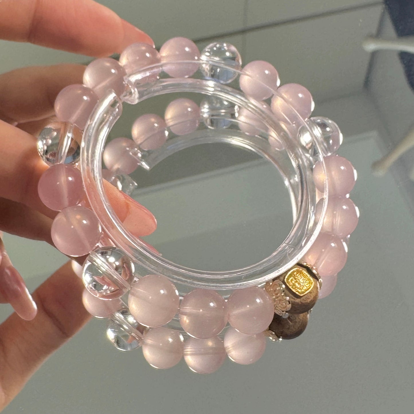 Rose Quartz & Clear Quartz Bracelet with Zambala Thangka - Inspired by Tibetan blessings