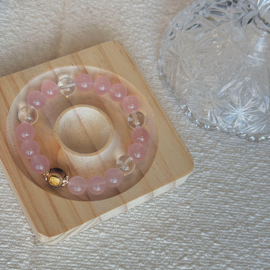 Rose Quartz & Clear Quartz Bracelet with Zambala Thangka - Inspired by Tibetan blessings