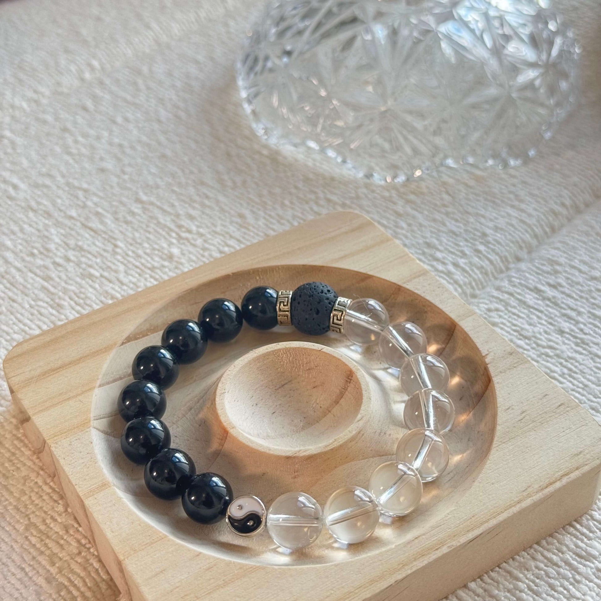 Taichi Harmony Bracelet – Scented Crystal Jewelry with White Quartz, Obsidian & Sandalwood Lava Beads-1