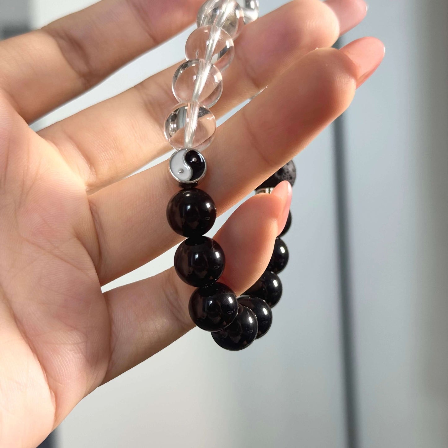 Taichi Harmony Bracelet – Scented Crystal Jewelry with White Quartz, Obsidian & Sandalwood Lava Beads-2